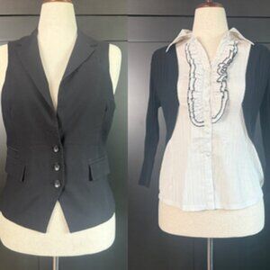 bebe Bundle Ruffle Shirt & Tailored Vest Black White M & Bracelet